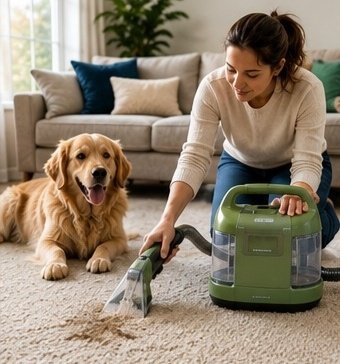Dog owner using a portable carpet cleaner on a carpet pet stain
