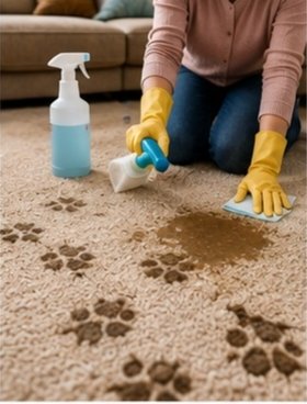 Fresh pet stains and muddy paw prints on carpet
