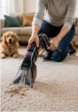 Portable spot cleaner removing a stubborn pet stain.