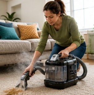 Premium portable carpet cleaner treating a stubborn pet stain.