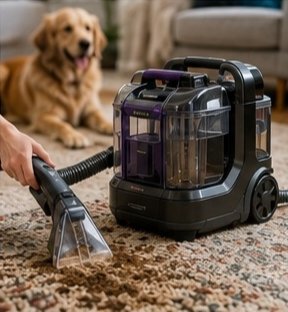 Portable spot cleaner deep cleaning a stained area rug.
