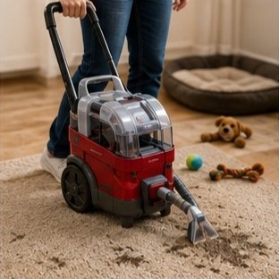 Portable carpet cleaner removing muddy pet stains.