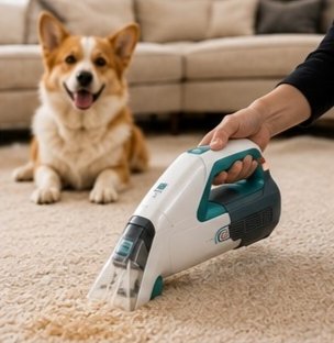 Cordless portable cleaner treating a fresh pet stain.