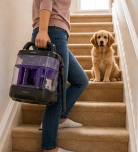 Portable carpet cleaner used on carpeted stairs after a pet accident.
