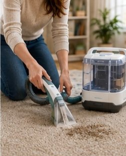 Portable carpet cleaner used in a small home.
