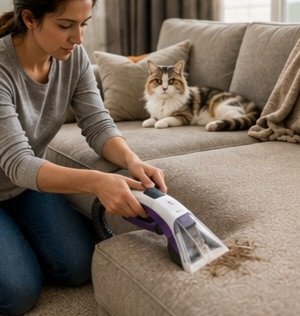 Portable upholstery cleaner removing a pet stain from a sofa.