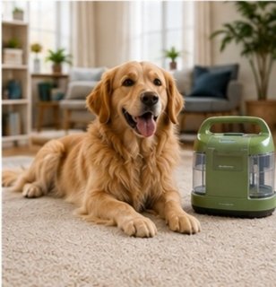 Clean carpet and happy dog after pet stain cleaning.