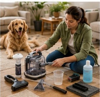 Pet owner comparing portable carpet cleaner features.