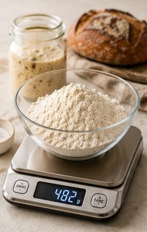 Digital kitchen scale weighing flour for sourdough baking
