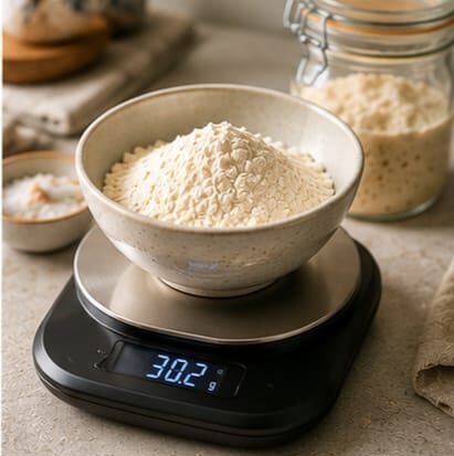 Digital food scale measuring flour for homemade sourdough