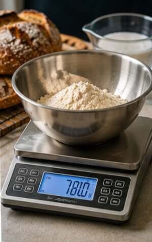 Digital food scale weighing sourdough ingredients in a mixing bowl