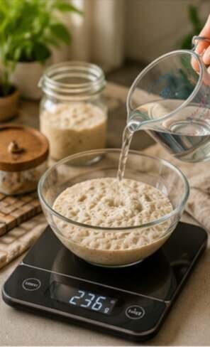 Kitchen scale measuring flour and water for sourdough dough