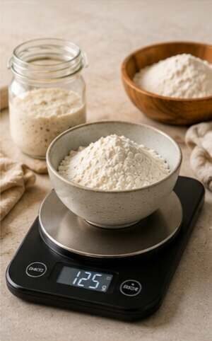 Kitchen scale measuring flour for a homemade sourdough recipe