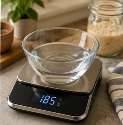 Kitchen scale weighing water for sourdough baking