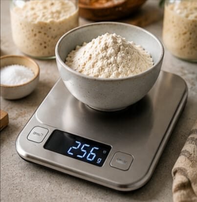 Digital kitchen scale measuring ingredients for sourdough bread