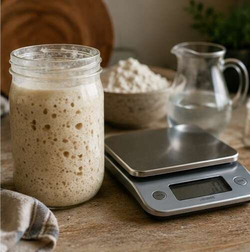 Sourdough starter beside a kitchen scale and baking ingredients.