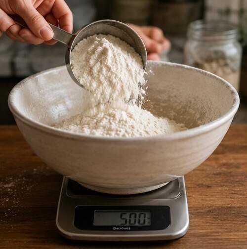 best kitchen scale for sourdough-Flour being weighed in a mixing bowl for sourdough bread.