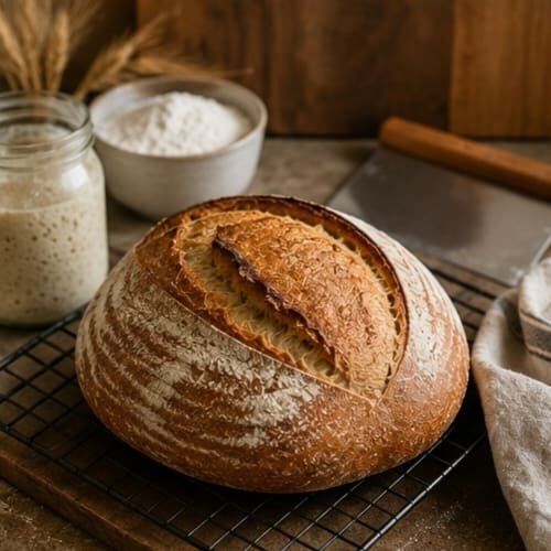 Fresh sourdough loaf with baking ingredients on a kitchen counter.