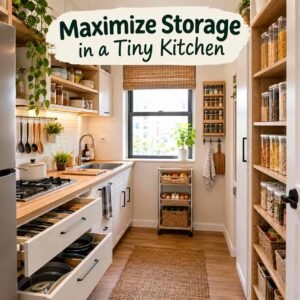 Tiny kitchen with practical storage solutions and organized cabinets.