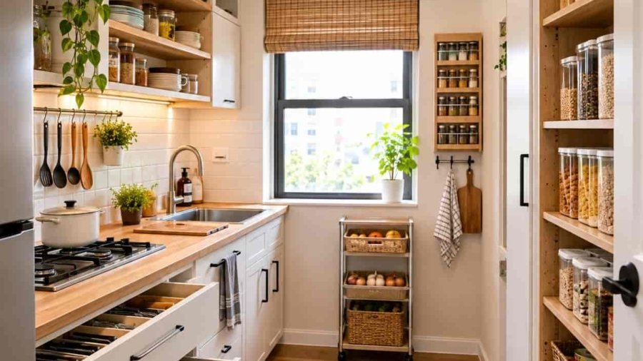 Tiny kitchen with practical storage solutions and organized cabinets.