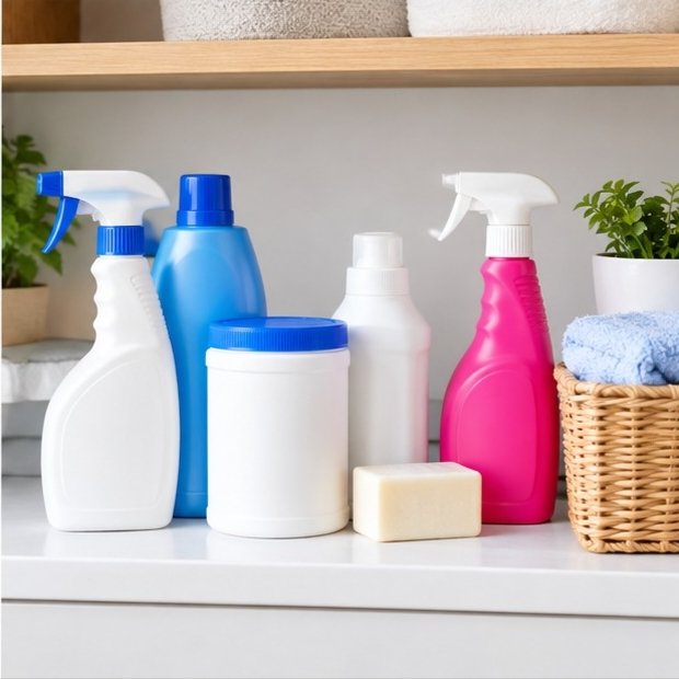 "How to remove stains from clothes — stain remover products lined up on a laundry shelf.