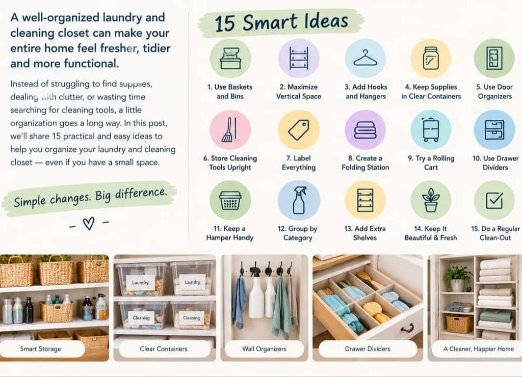 These laundry and cleaning closet organization can help you create a neat, practical, and easy-to-maintain home storage space.