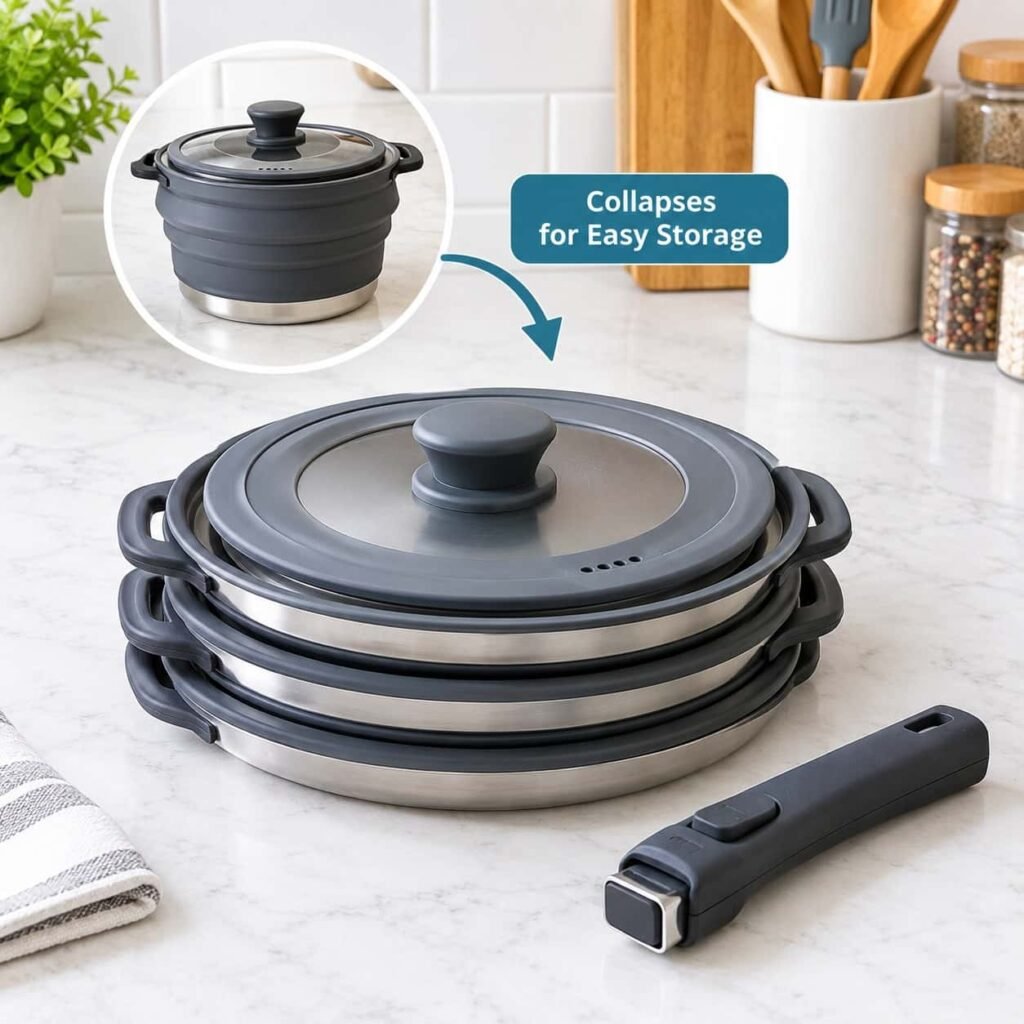 space saving pots and pans collapsible design for tiny kitchens.