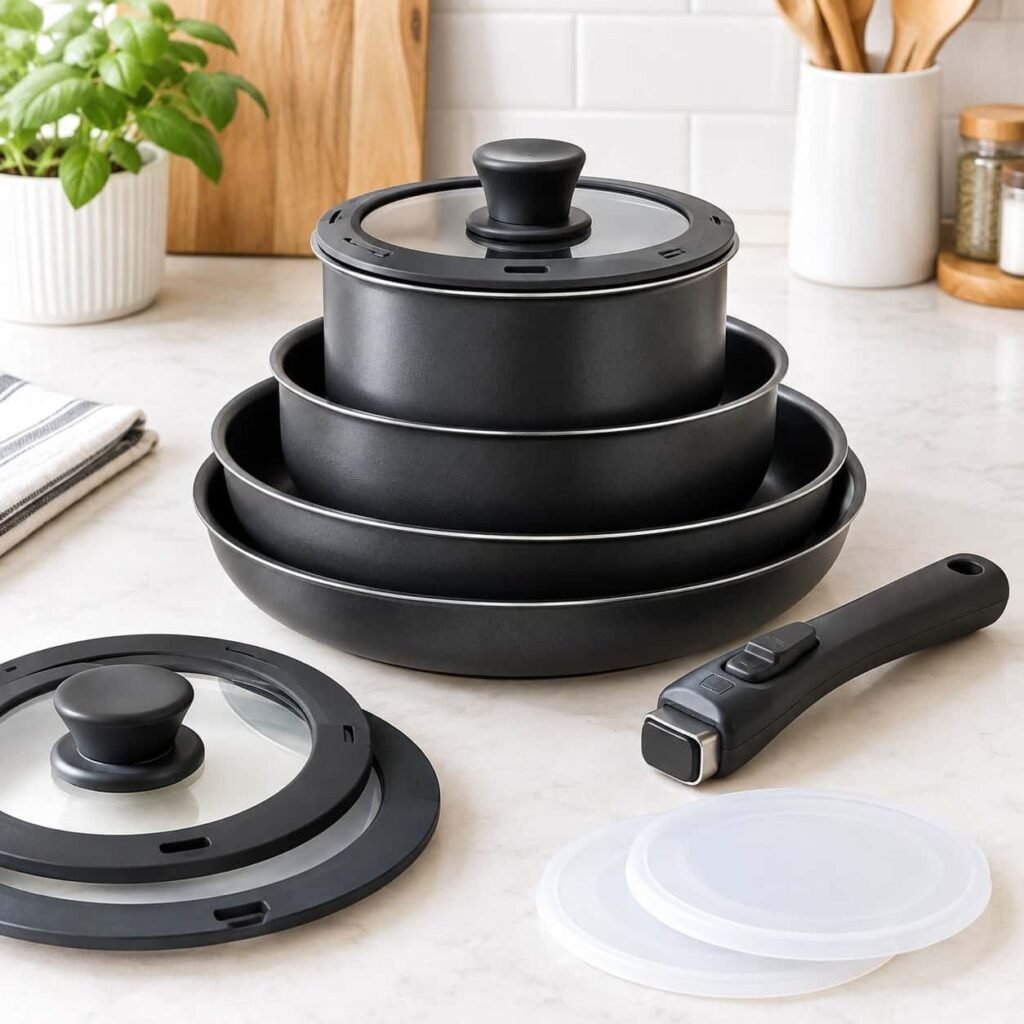 nesting cookware set with detachable handles for small kitchens.