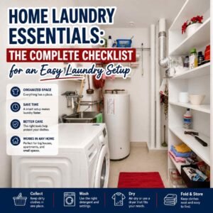 Home laundry essentials arranged for an organized laundry setup