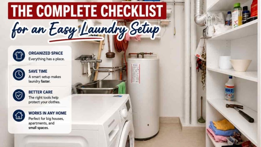 Home laundry essentials arranged for an organized laundry setup