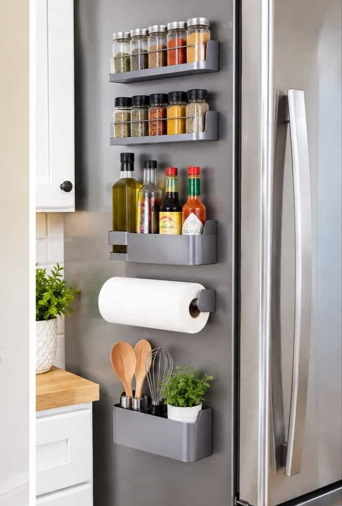 command hook kitchen storage and magnetic fridge organizer.