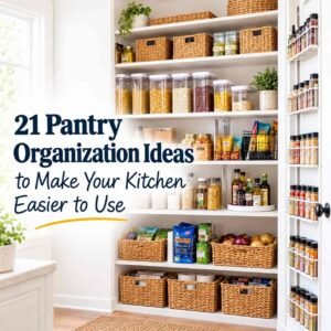 Organized home pantry with clear food containers, baskets, cans, and practical storage zones.