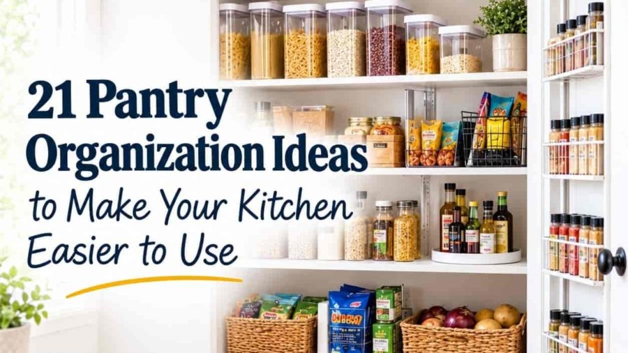 Organized home pantry with clear food containers, baskets, cans, and practical storage zones.