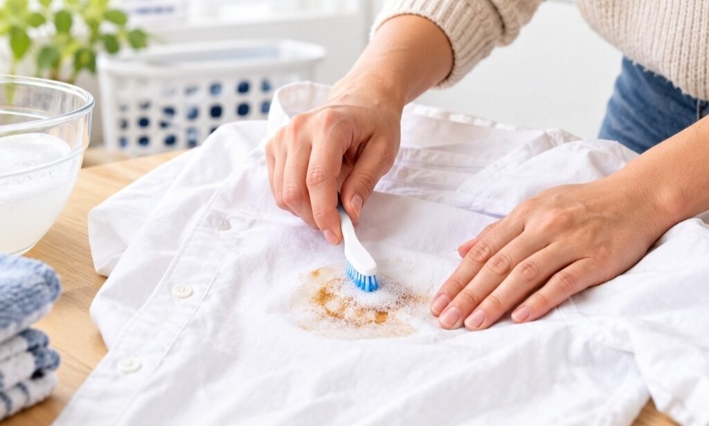How to remove stains from clothes — person treating a shirt before washing.