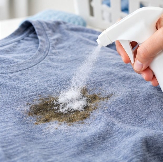 How to remove stains from clothes — stain remover spray applied to a grease stain.