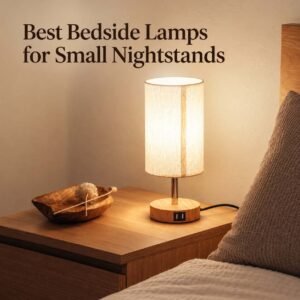 Best bedside lamps for small nightstands: slim lamp on a compact white bedside table