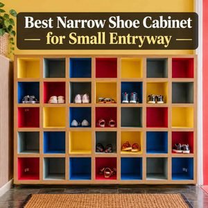 Slim white shoe cabinet in a small entryway beside a front door