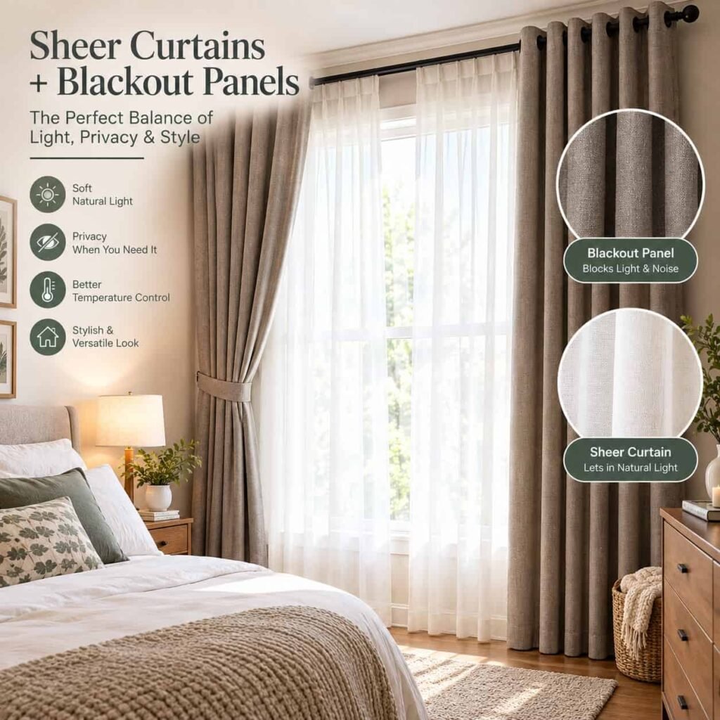 sheer bedroom curtains layered with blackout panel.