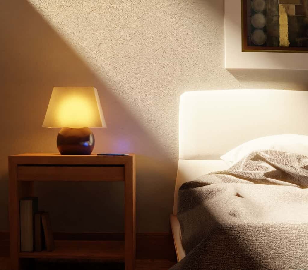 Small nightstand with a narrow lamp, phone and glass of water